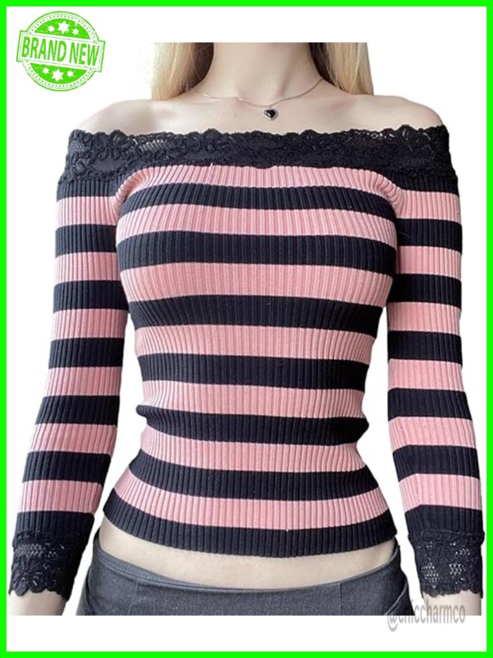 Off Shoulder Crop Top Long Sleeve Lace Trim Ribbed Knit Striped Slim Fit Y2k